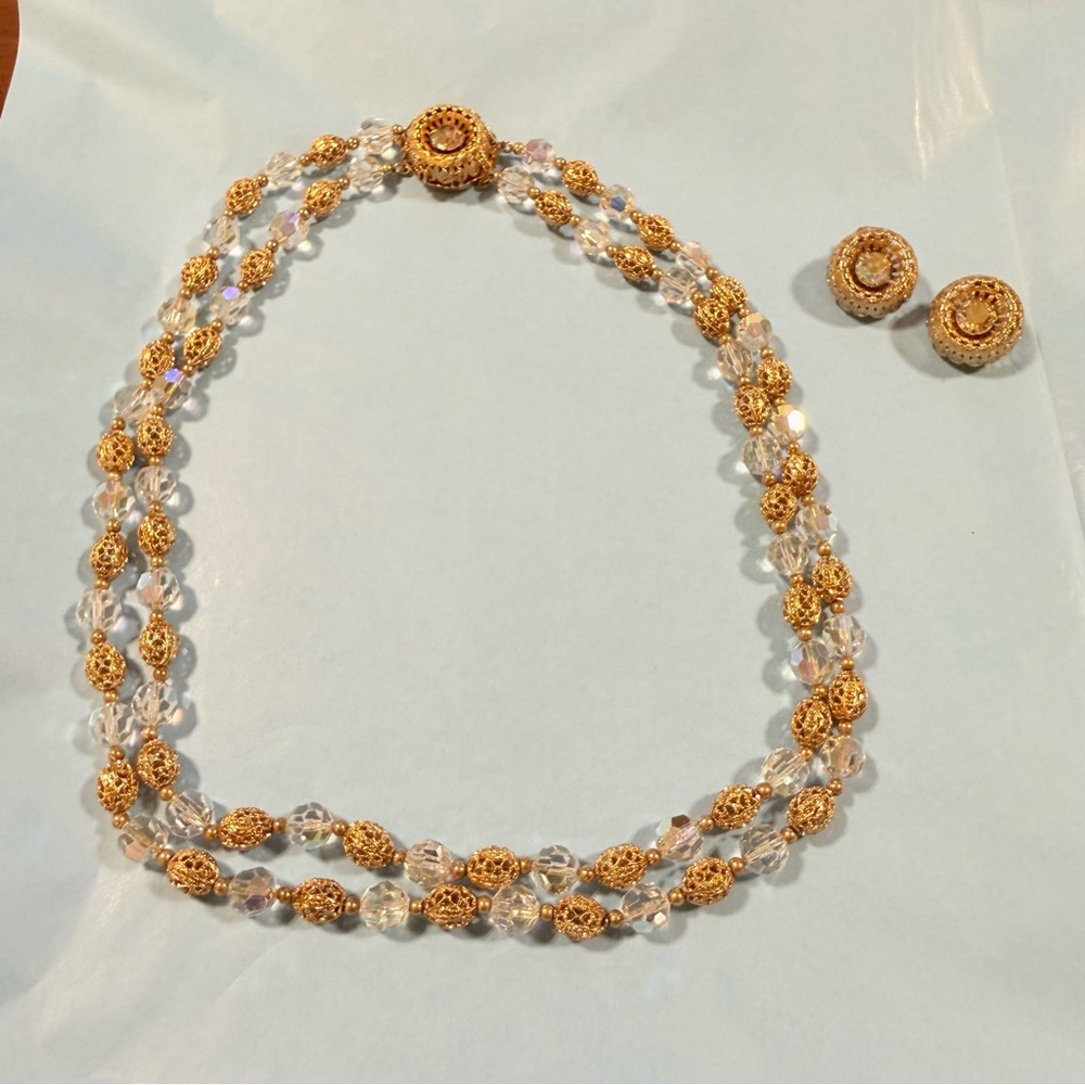 Napier 1960’s Vintage Elegant Brass/Crystal Beaded Double Strand Necklace Set